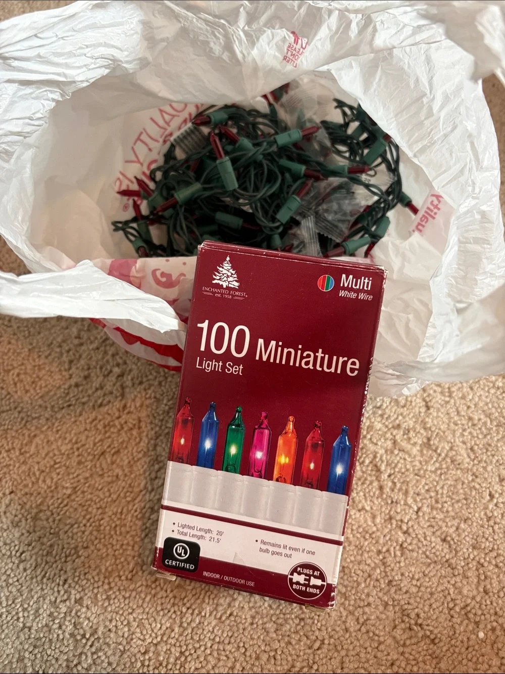 100 Miniature Multi Christmas Light Set one in box and bag white and green Wire